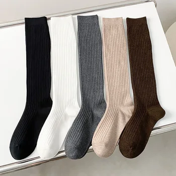 1 чифт едноцветни чорапи JK на вертикални райета с дълъг дрямка от памук дължина до коляното в японски стил за есента и зимата чорапи