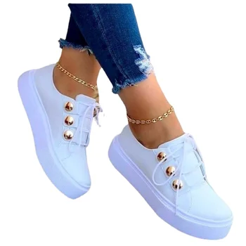 2022 Бели обувки, Дамски Модни обувки на платформа с кръгло бомбе, Ежедневни Дамски обувки на плоска подметка с шнур, Размер 36-43