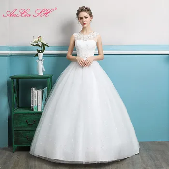 AnXin SH принцеса бяло цвете дантелено сватбена рокля мода o образно деколте без ръкави във crystal булката бална рокля сватбена рокля