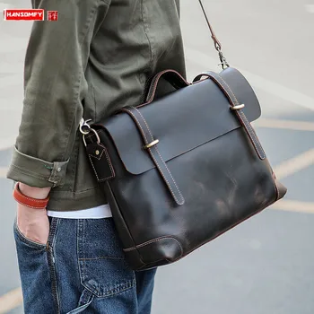 Crazy horse кожена мъжка чанта, бизнес преносим портфейл, ретро чанта-месинджър, чанта за инструменти, кожени чанти компютърни
