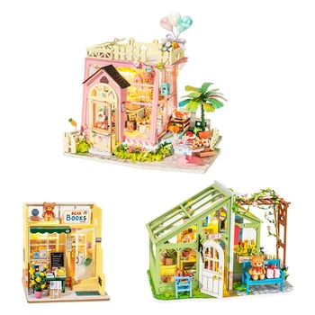DIY Мини-Град, Wooden Куклена Къща Комплект с Миниатюрни Мебели книжарница Градина Casa Куклена Къща Събрани Играчки за Момичета Коледни Подаръци