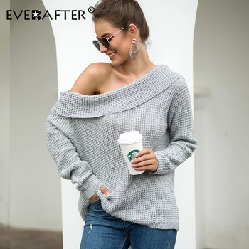EVERAFTER С открити рамене вязаный зимен пуловер жена с деколте лодка пуловер с дълъг ръкав секси обикновен скок на есента свободен базов трико