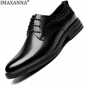 IMAXANNA/ Горна част от естествена Кожа, От Телешка кожа С Остри Пръсти и Дърворезба; Кожени обувки в бизнес стил с ниски берцем; Мъжки Автентични Сватбени Обувки