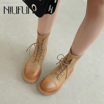 NIUFUNI/обувки Martin с кръгла пръсти в ретро стил Наклон цвят; дамски обувки на платформа с шнур; есенни Кожени Черни Ботильоны за ниска пета