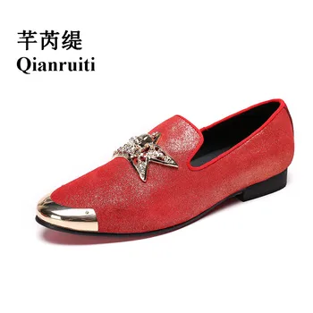 Qianruiti/ Модни Мъжки Позлатени обувки с Метално Бомбе, Украсени с Морски звезди, На Плоския Обувки, Мъжки Луксозни и Ежедневни Обувки, Ръчна изработка, Размер обувки ЕС 39-46
