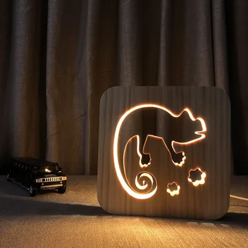 USB Plug Хамелеон Led лека нощ Дървени Карикатура Животни лека нощ Нощна Атмосфера Лампа Детски Сън Осветление Нощен Деко