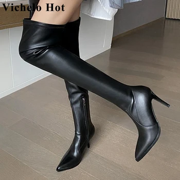 Vichelo/ модерни обувки с дымоходом; зимни обувки от волска кожа, с остър пръсти; по-големи размери 42; елегантни ботуши над коляното на тънък висок ток; l85