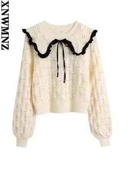 XNWMNZ трикотаж 2022 Дамска мода с лък контрастен вязаный пуловер с ревера и дълъг ръкав дамски пуловери шик върховете