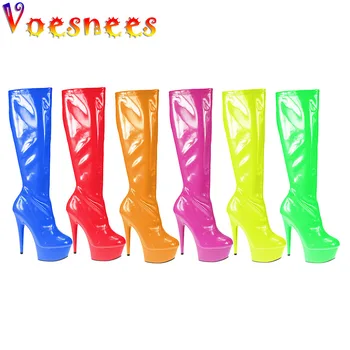 Дамски кожени обувки-тръбички от ярки цветове до средата на прасците на много висок ток 15 см, вечерни обувки-лодки, пролетно-есенна дизайнерски дамски обувки на платформа
