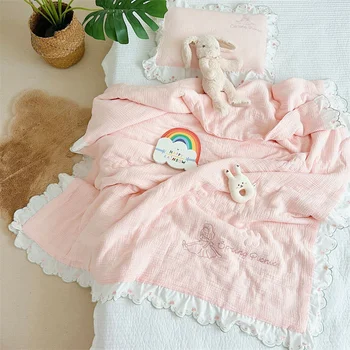 Детско пуховое одеяло от шифон и памук 120x150 см с дантелен завършек, Сладко Розово Одеяло за момичета, Меко Детско одеало Приказна принцеса с подплънки