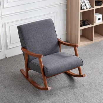 Домашен Дървена люлеещ се Стол с тъкани Възглавници Вътрешна Градинска мебел Сив цвят [САЩ-Stock]
