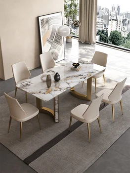 Италианска лека луксозна комбинация на обедната маса и стол от каменна плоча, модерен просто малък семеен дизайнерски правоъгълна къща с висок клас