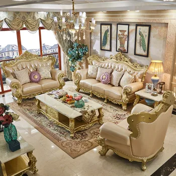 Комбинация кожени дивани в европейски стил 123 Луксозни Мебели за дневна От масив дъб Dream Champagne Клетъчна