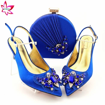 Кралският син цвят, Пролетта на нови приходи от 2021 г., дамски обувки и чанта в нигерия стил, комплект за вечерна рокля, удобни обувки на токчета, за парти