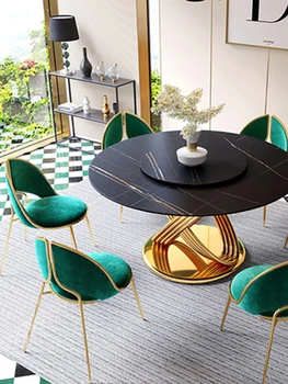 Кръгла маса от светло луксозен мрамор в италиански стил, постмодернистский семеен маса от висококачествена скандинавска неръждаема стомана