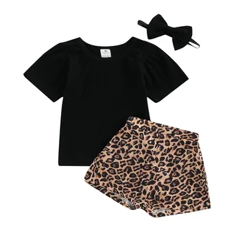 Летни комплекти дрехи от 3 теми за момичета, Черна тениска с кръгло деколте и Къс ръкав + Гащета с леопардовым принтом + Превръзка на главата
