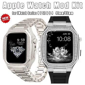 Луксозен Комплект модификация на корпуса с диаманти за Apple Watch 8 7 45 мм Метален Корпус от Неръждаема Стомана Каишка за Iwatch Series 7 6 SE 5 4 44 мм