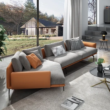 Минималистичен текстилен диван от скандинавски кожена тъкан в комбинация със специална форма на три спални хол малък апартаментен разтегателен прост