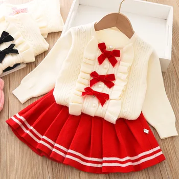 Пролетно-есенен вязаный жилетка в корейски стил за момичета, универсална яке с лък в западен стил за момичета + плиссированная пола 1-5 години