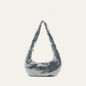 Стилна чанта във формата на Полумесец, Сребрист цвят дамски Чанти на рамо от метална мрежа, Дизайнерска чанта с ципове на подмишниците, чанта-тоут премиум-клас с пайети, чантата 2022