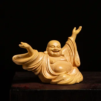 Чемшир 11 см Скулптура вижте Буда Майтрейя Дървена Статуя Щастлив Фън Шуй Начало Декор
