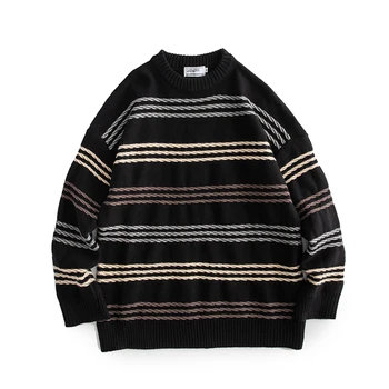 Японски ретро дебела игла шарени на цвят дебел шарен пуловер пуловер мъжете